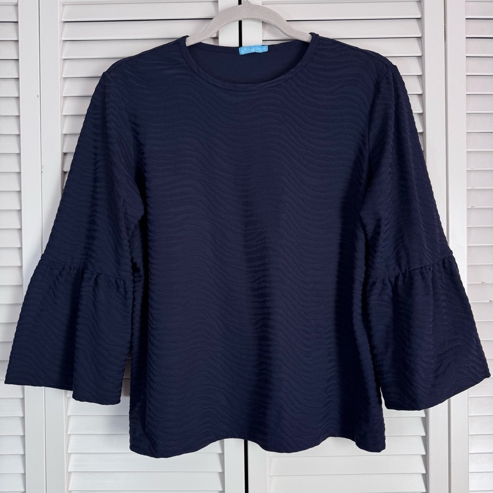 J. McLaughlin Kyla Bell Sleeve Textured Crew Neck Top Navy Size Medium